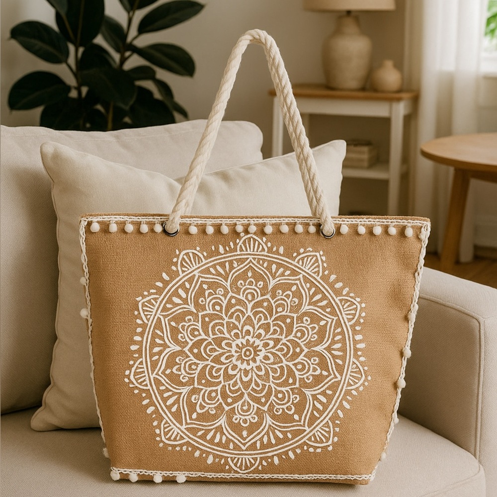 SOL SPIRIT BOHO WHITE FLORAL TOTE BAG